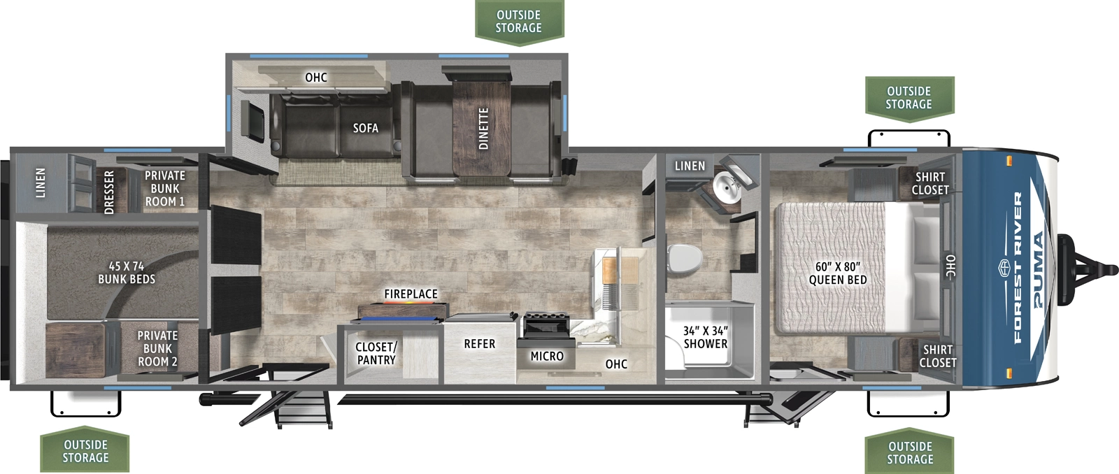 The Puma 337BH floorplan has two entries and one slide out. Exterior features include: metal exterior, 19' awning and outside kitchen. Interiors features include: bunk beds, loft, front bedroom and pass through bathroom.